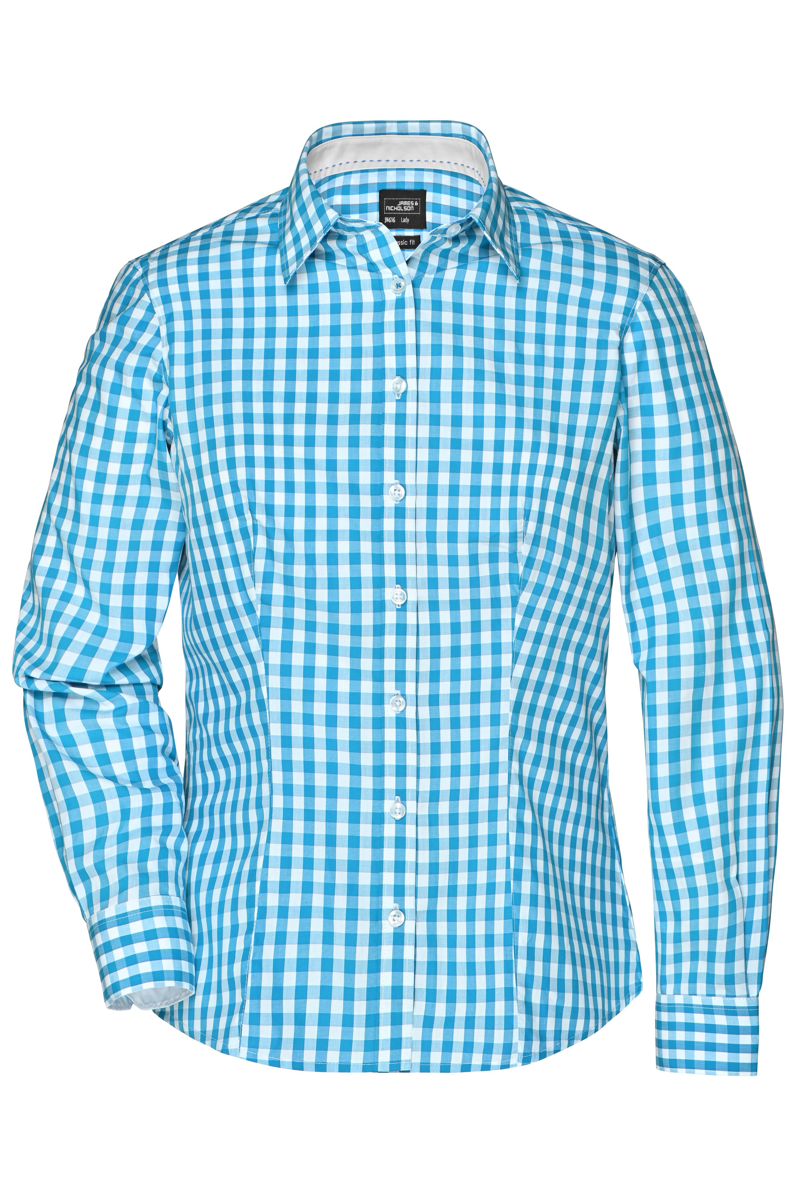 Ladies' Checked Blouse JN616 Modisches Karoshirt mit Uni-Einsätzen an Kragen und Manschette